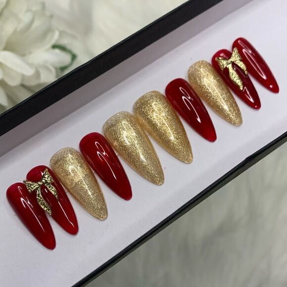 Golden Bow Press On Nails | Gothic Nails | Handmade Press On Nails - Picture 1 of 9